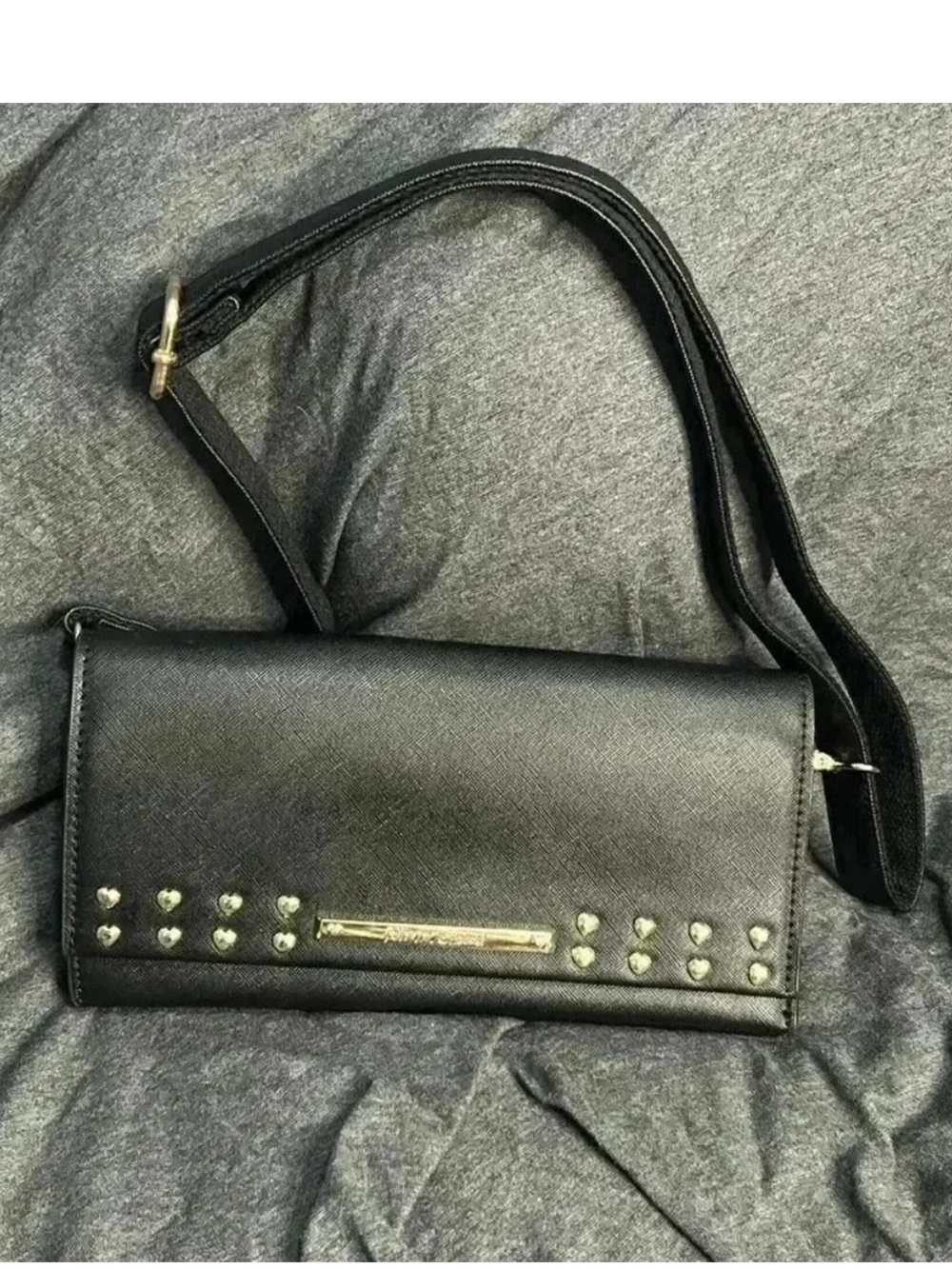 Betsey Johnson Black Crossbody Bag with Gold Heart Studs